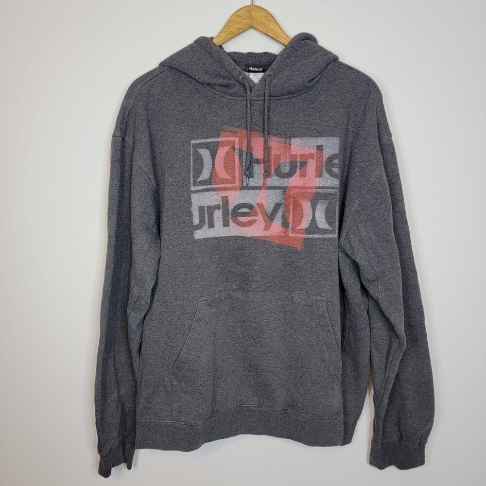 Hurley Mens Gray Pullover Hoodie Sz Large Y2K Front Graphic Skater Logo Casual